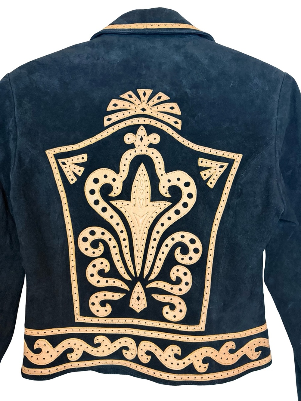 Cripple Creek Black Suede Leather Jacket XS Western Tooled Trim Southwestern Y2K - Picture 7 of 8